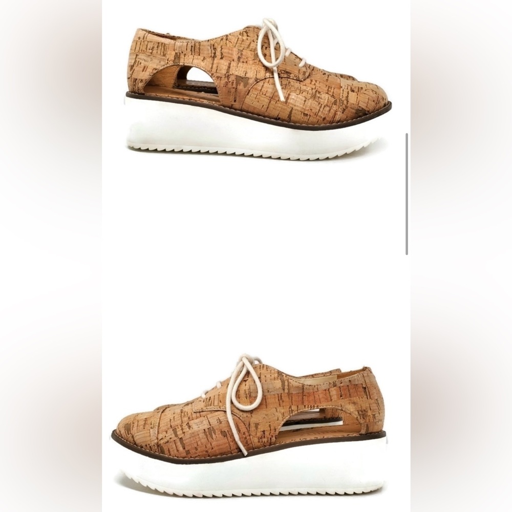 Schutz Tan Cork Leather Cut-Out Sides Lace-Up White Platform Wedge Sneakers